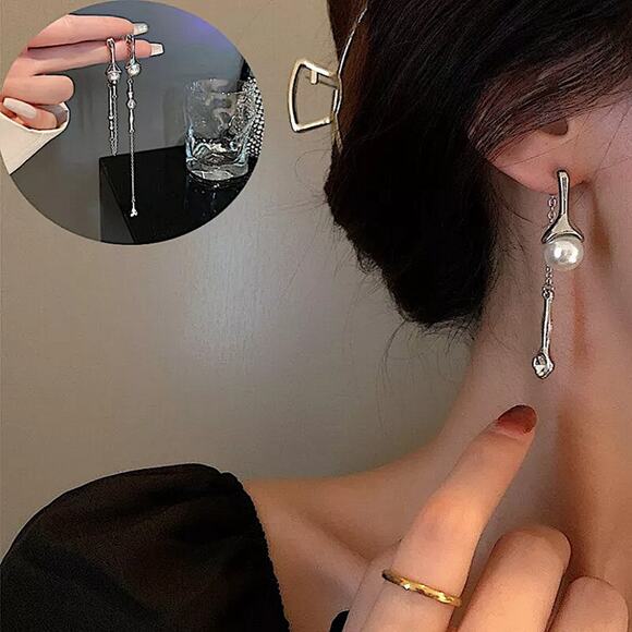 Pearl Long Drop Earring Women Asymmetric Fashion Design Jewelry Elegant Pearl - Picture 9 of 14